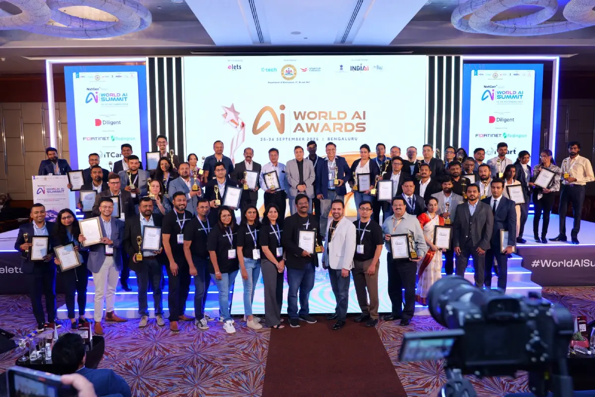 Award winners on stage at the World AI Awards 2025, Bengaluru